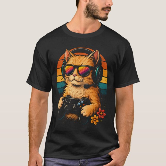 Gamer Cat - Retro Stil-hörlurar och styrenhet T Shirt (Framsida)