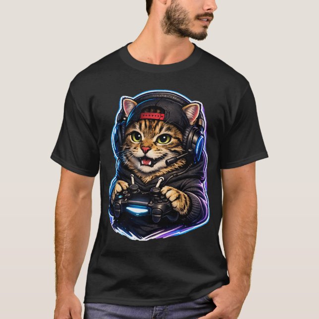 Gamer Cat T-Shirt – Neon Gaming Cat Controller Des (Framsida)