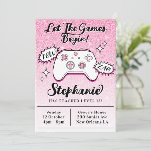 Gamer Controller Girly Rosa Glitter 13:e födelseda Inbjudningar
