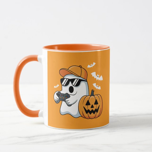 Gamer Ghost Pumpkin Controller Halloween Cool Mugg (Vänster)