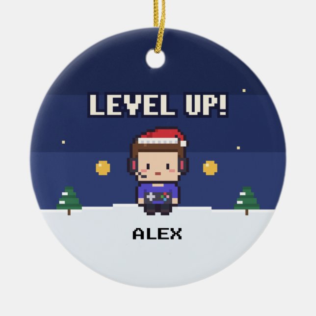 Gamer Gift Level Up Pixel Christmas Ornament (Framsidan)