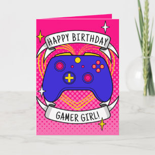 Gamer Girl Blue Controller Birthday Kort