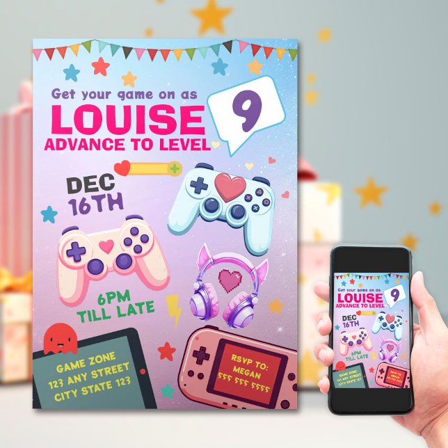Gamer Girl Colorful Rosa Video Game Birthday Inbjudningar (Skapare uppladdad)
