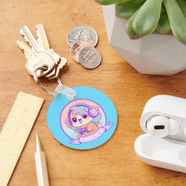 Gamer Girl Kawaii Chibi Hund Baby blue med Namn Nyckelring (Skrivbord)