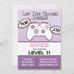 Gamer Girl Lila Controller 11:e födelsedagen Inbjudningar