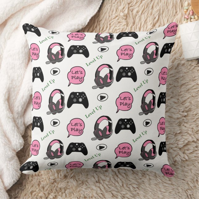 Gamer Girl Rosa och svart Kudde (Filt)