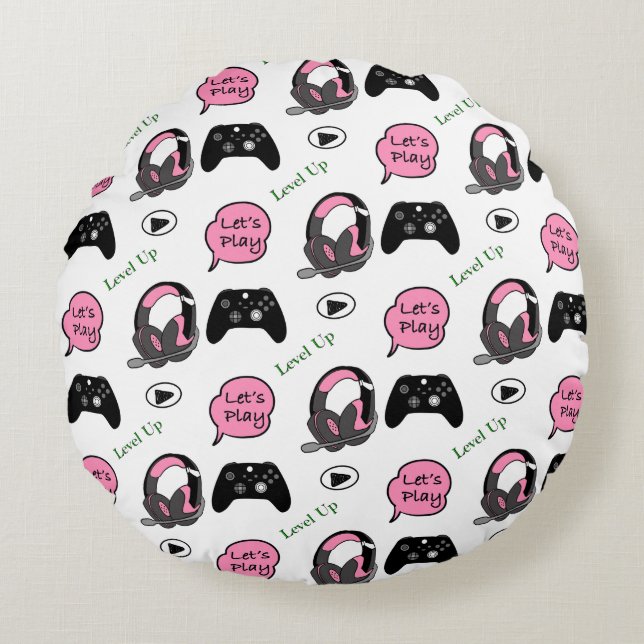 Gamer Girl Rosa och svart Rund Kudde (Framsidan)