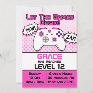Gamer Girl Rosa White Controller 12:e Birthday Inbjudningar