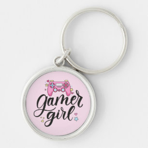 Gamer Girl Rund Silverfärgad Nyckelring