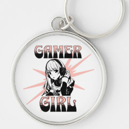 Gamer Girl | Spelande Rund Silverfärgad Nyckelring