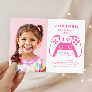 Gamer Girls Pink Kids Birthday Party Photo Inbjudningar