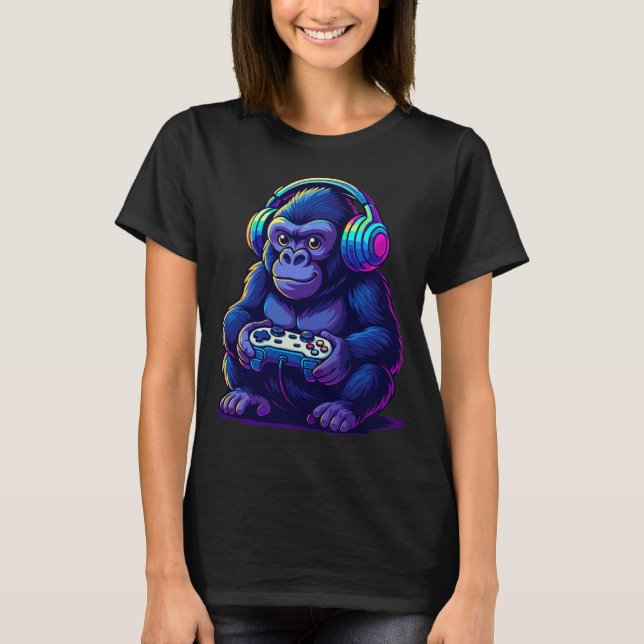 Gamer Gorilla with Headphones — Neon Gaming Vibes T Shirt (Framsida)
