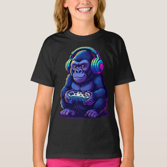Gamer Gorilla with Headphones — Neon Gaming Vibes T Shirt (Framsida)