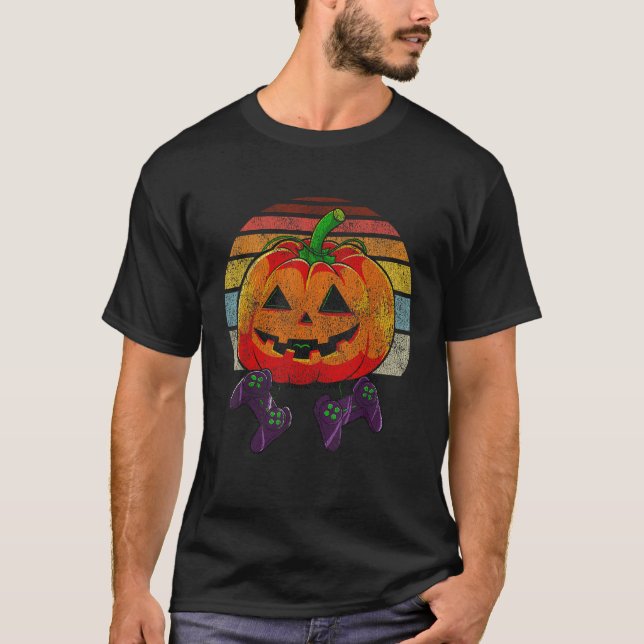 Gamer Halloween Retro Stil Pumpkin Jack o lantern T Shirt (Framsida)