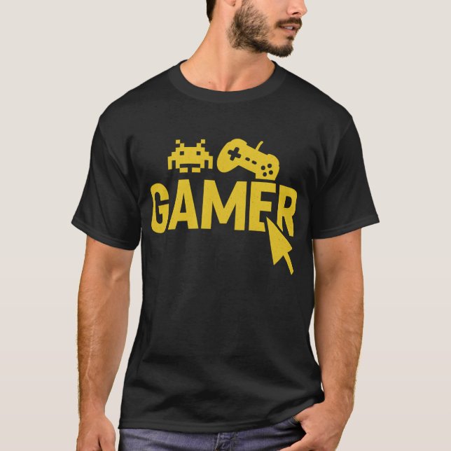 “Gamer Icons T-Shirt – Retro Controller and Pixel  (Framsida)