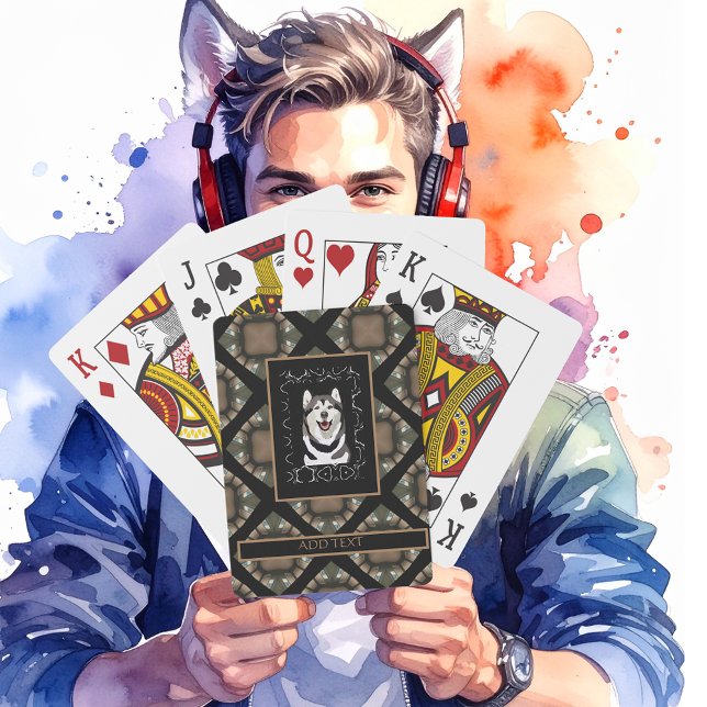 Gamer Namn och Photo Tan/Brown/Black Casinokort (Deck of Playing Cards with a Husky center. Customize. Enlarged to see Cards easer!)