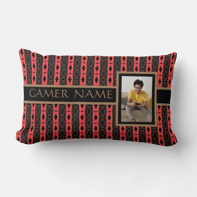 Gamer Party Namn och Photo Red/Black Lumbar Pillow Lumbarkudde (Framsida)