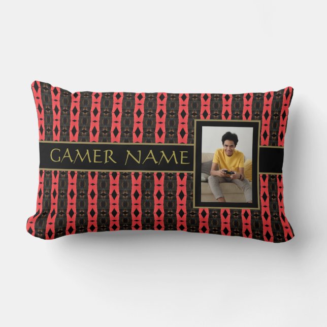 Gamer Party Namn och Photo Red/Black Lumbar Pillow Lumbarkudde (Framsida)