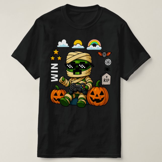 Gamer Pixel Pumpkin Mummy Men Kids Boy Halloween  T Shirt (Design framsida)