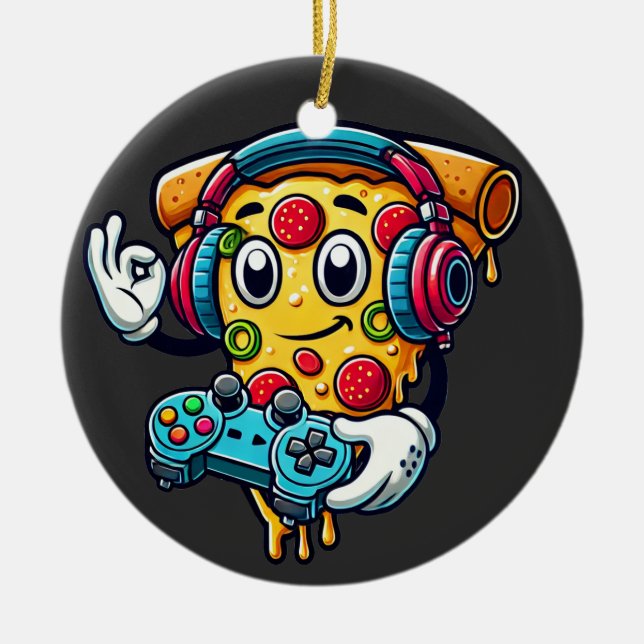 Gamer Pizza Video Gaming Food Ceramic Ornamic Julgransprydnad Keramik (Framsidan)