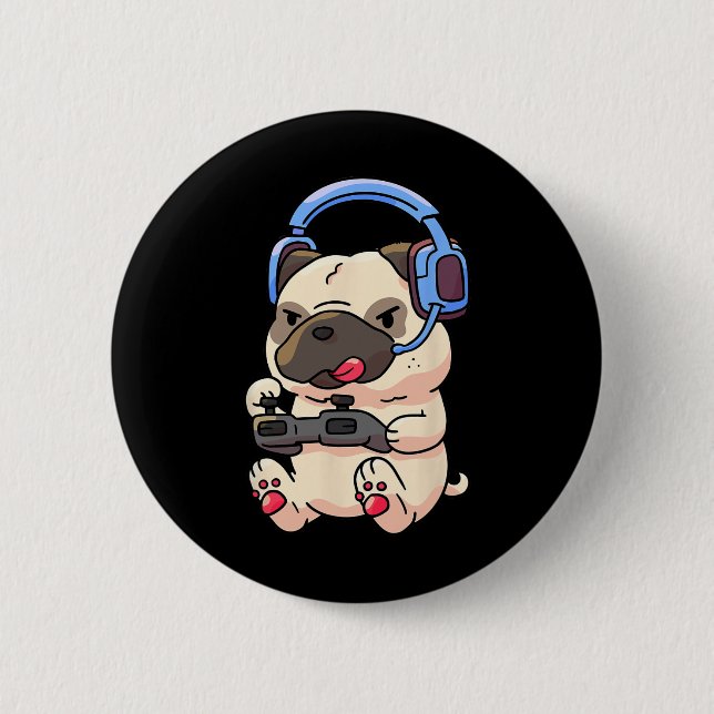 Gamer Pug Spelande Pugs Videospel Present  Knapp (Framsida)