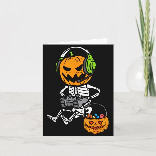 Gamer Pumpkin Skeleton Funny Halloween Gaming Boys Kort (Framsida)
