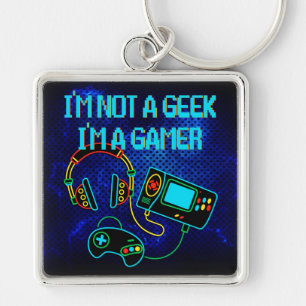 Gamer Retro Neon Blue Fyrkantig Silverfärgad Nyckelring
