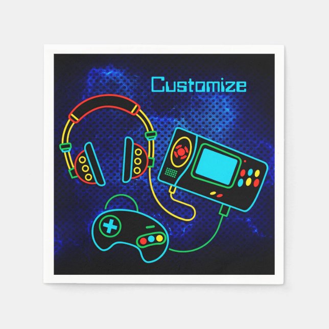 Gamer Retro Neon Blue Pappersservett (Framsidan)