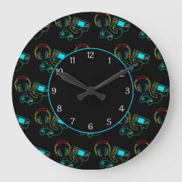 Gamer Retro Neon Mönster Black Stor Klocka