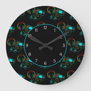 Gamer Retro Neon Mönster Black Stor Klocka