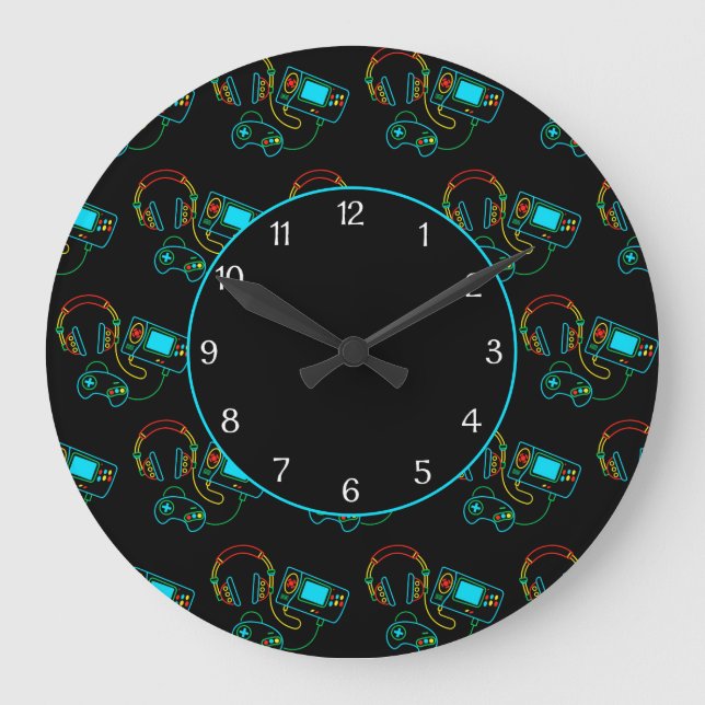 Gamer Retro Neon Mönster Black Stor Klocka (Framsida)