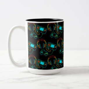 Gamer Retro Neon Mönster Black Två-Tonad Mugg