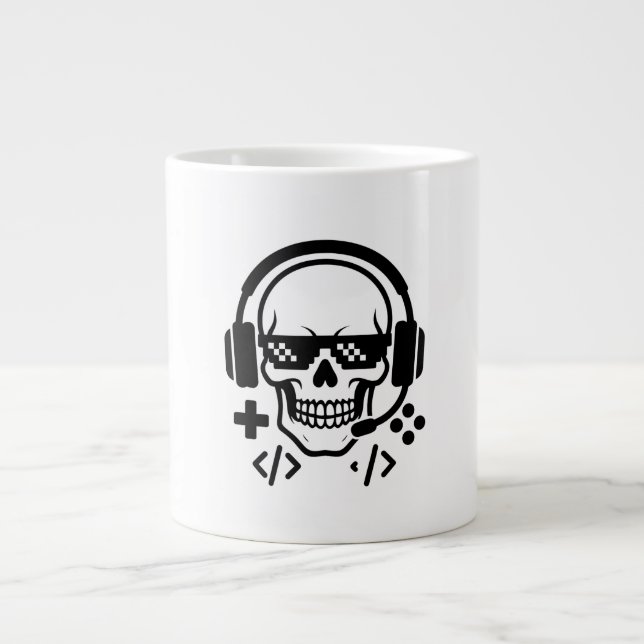 Gamer Skull Headset Pixel Glasses | Bold Black Vec Jumbo Mugg (Framsidan)