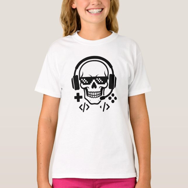 Gamer Skull Headset Pixel Glasses | Bold Black Vec T Shirt (Framsida)