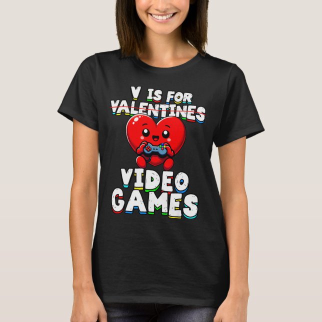 Gamer Valentines V For Video Games Boys Funny Hear T Shirt (Framsida)