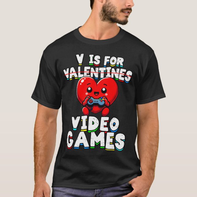 Gamer Valentines V For Video Games Boys Funny Hear T Shirt (Framsida)