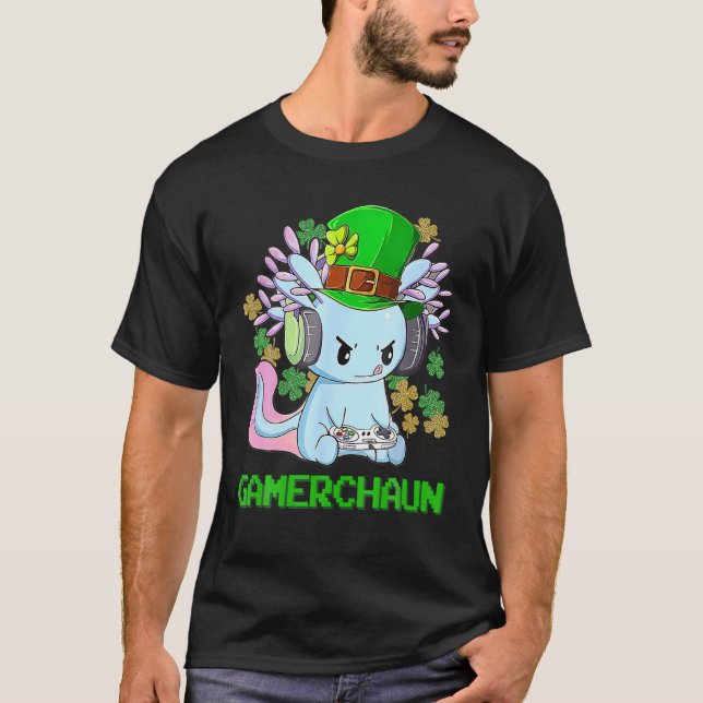 Gamerchaun Axolotl Video Game Controller St Patri T Shirt (Framsida)