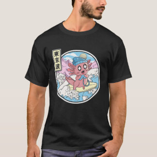 Gaming Axolotl Surfing Japansk Wave Kawaii Vaporw T Shirt
