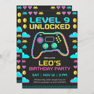 Gaming Birthday Invitation Retro Pixel Gamer Inbjudningar