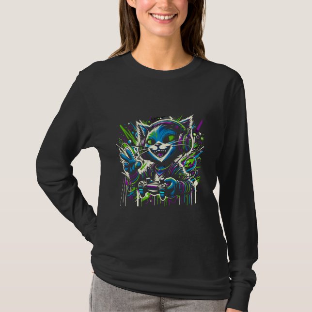 Gaming Cat Graffiti - Gamer Vector T Shirt (Framsida)