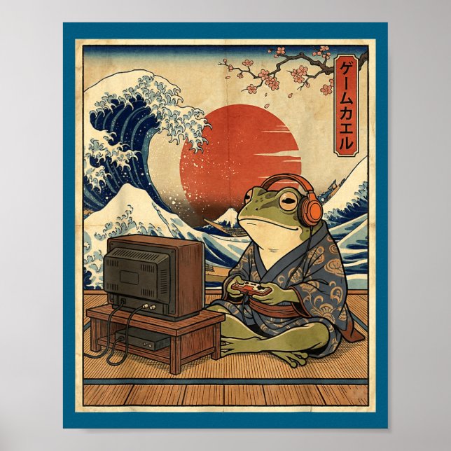 Gaming Frog Art Ukiyo-e Japanese Gamer Anime Men W Poster (Framsidan)