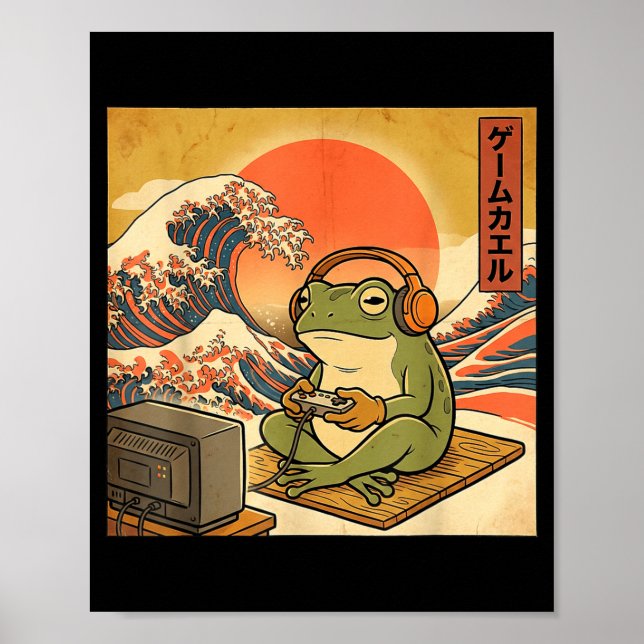 Gaming Frog Art Ukiyo-e Japanese Gamer Anime Men W Poster (Framsidan)