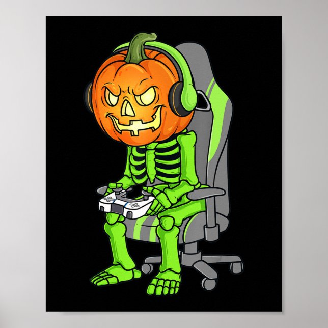 Gaming Halloween Skeleton Jack o lantern Gamer Boy Poster (Framsidan)