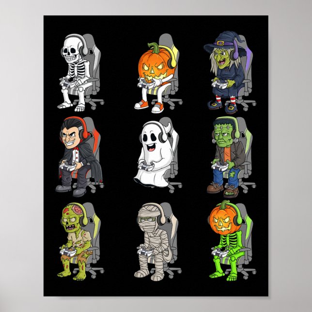 Gaming Halloween Skeleton Vampire Gamer Zombie Boy Poster (Framsidan)