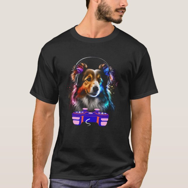 Gaming Shetland Sheepdog Dog Player Video Gamer  M T Shirt (Framsida)