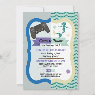 Gaming & Sjöjungfru Joint Boy Girl Birthday Inbjud Inbjudningar