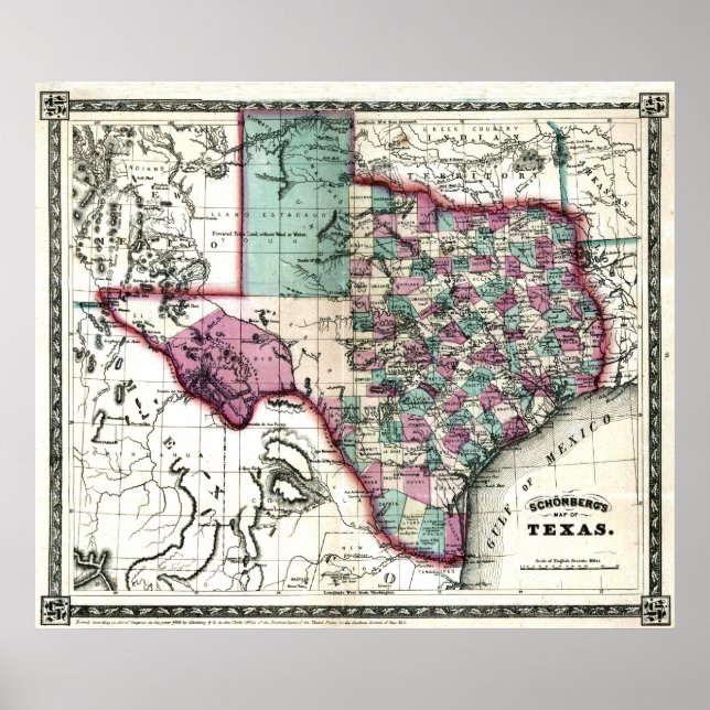 Gamla 1866 Texas Karta Poster (Framsidan)