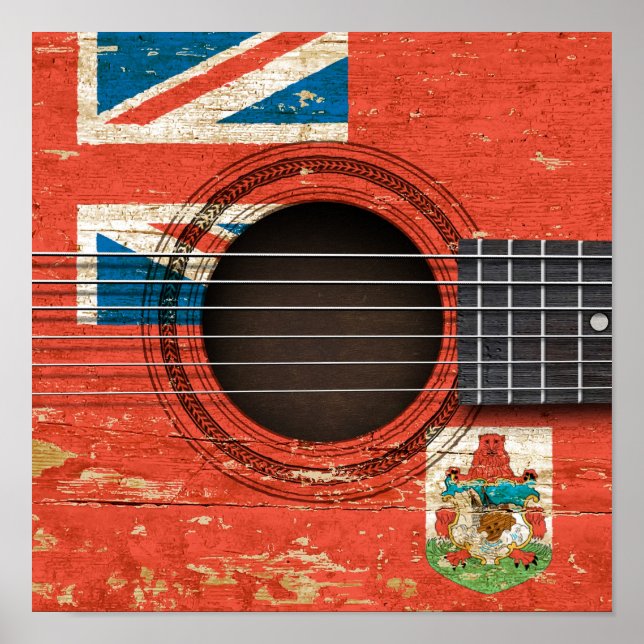 Gamla akustiska Guitar med Bermuda Flagga Poster (Framsidan)