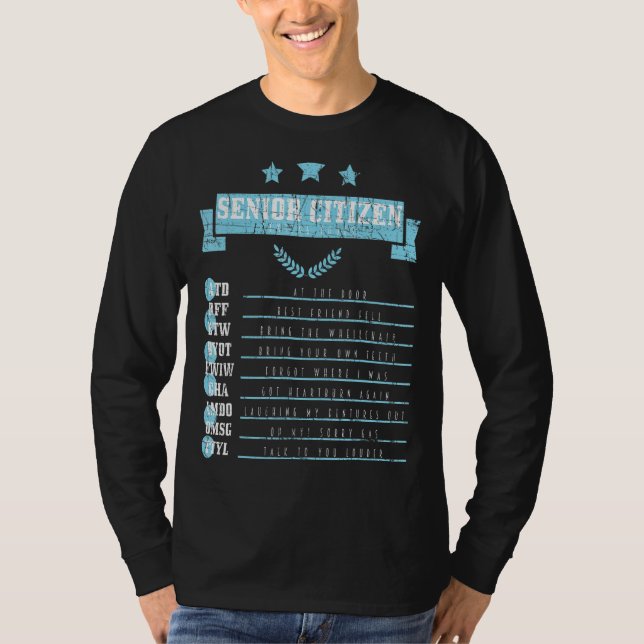 Gamla äldre äldre medborgare som texterar ostressa t shirt (Framsida)