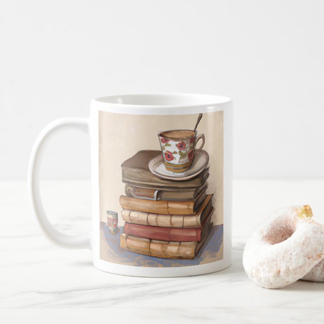Gamla Antika Begagnade Böcker och en kopp kaffe (Med munk)